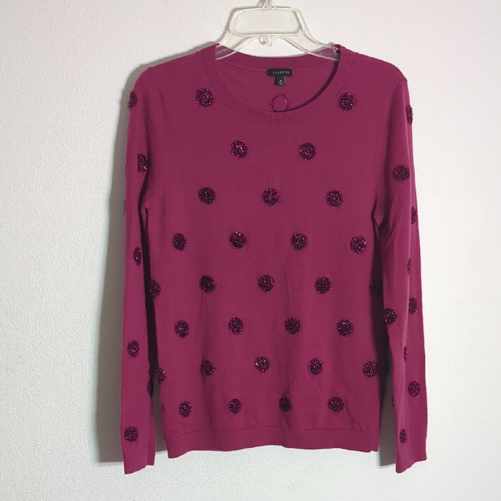Talbots Womens Sweater Tinsel Dot Magenta Pink‎ Metallic Crew Lambs Wool Medium - Picture 2 of 9